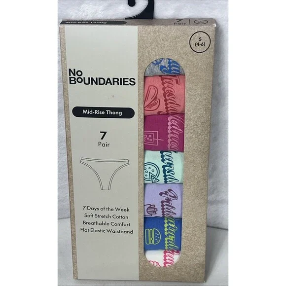 No Boundaries Mid-Rise Thong 7 Pair 7 Days of the Week Cotton Size Small 4-6 NEW - Picture 1 of 5